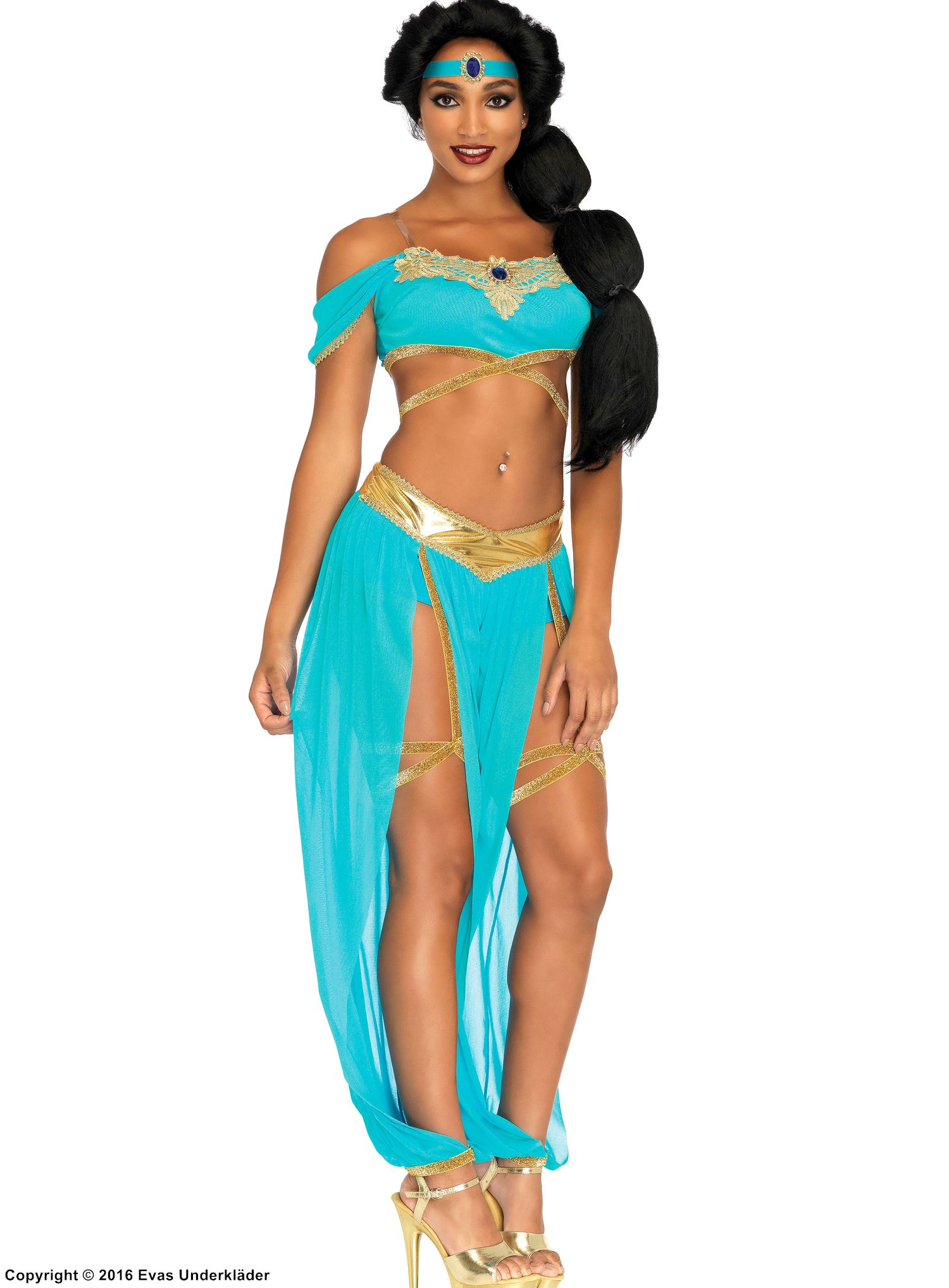 Prinsessan Jasmine från Aladdin, maskeraddräkt med topp och byxor, öppna axlar, korslagda band, strass och spets